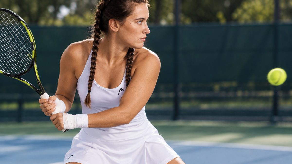 Jogadora de beach tennis segurando raquete com overgrip nas mãos