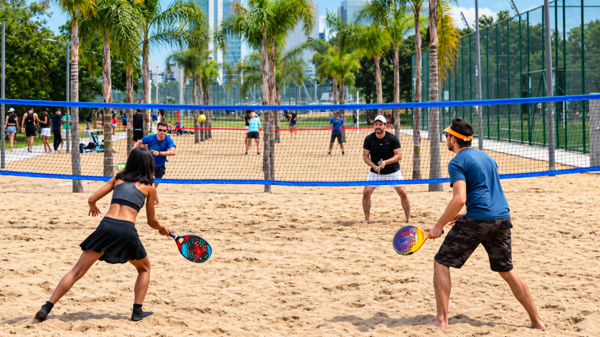 Pessoas jogando beach tennis em quadra de areia ao ar livre