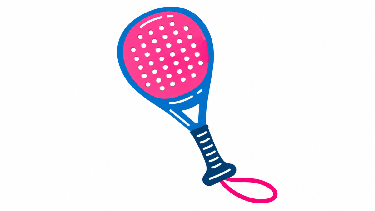Raquete de beach tennis rosa e azul com furos e alça de segurança rosa.
