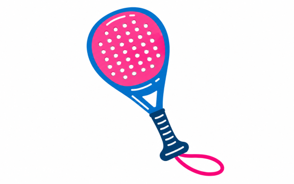 Raquete de beach tennis rosa e azul com furos e alça de segurança rosa.